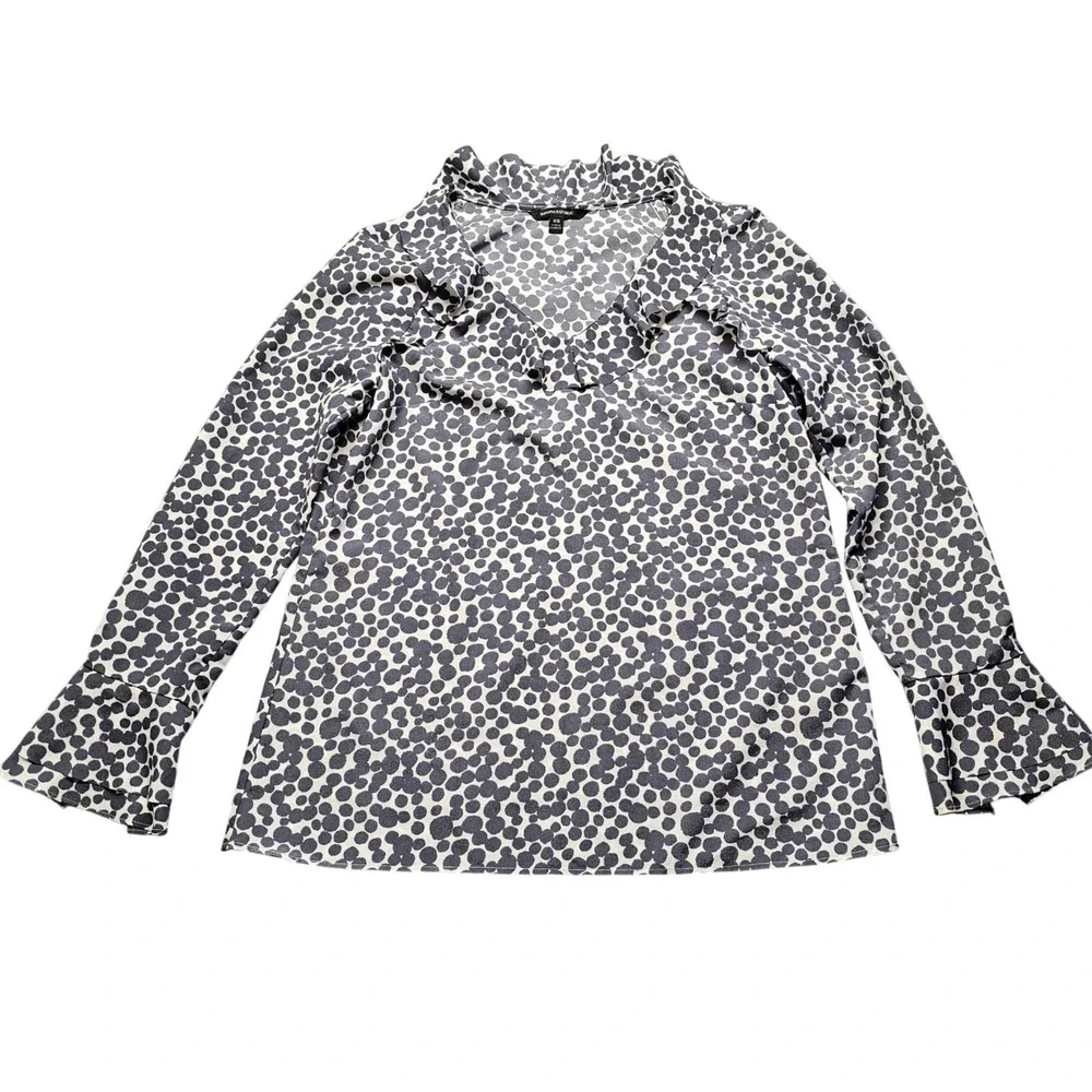 Banana Republic Womens XS Navy White Polka Dot Ruffle V-Neck Blouse 482668-00
